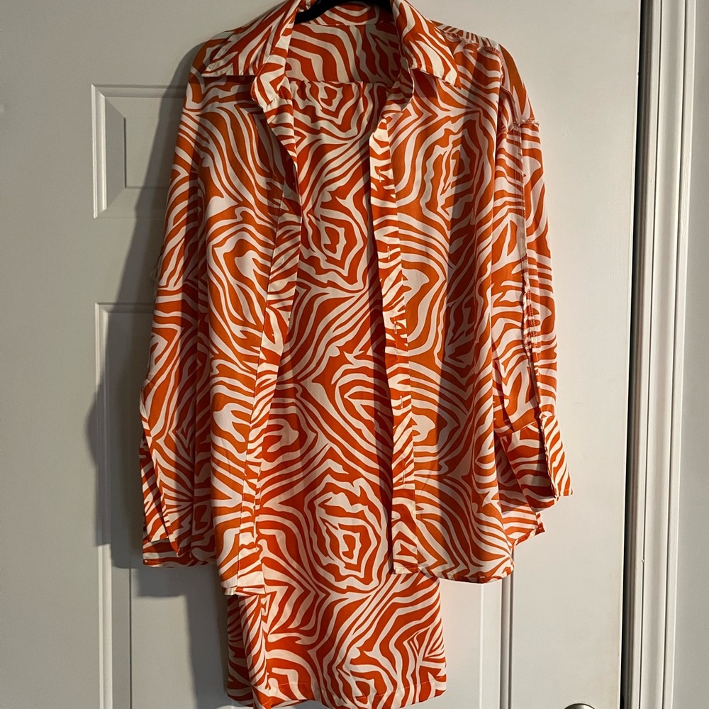 T.J.Maxx Vibrant Orange and White Patterned Blouse